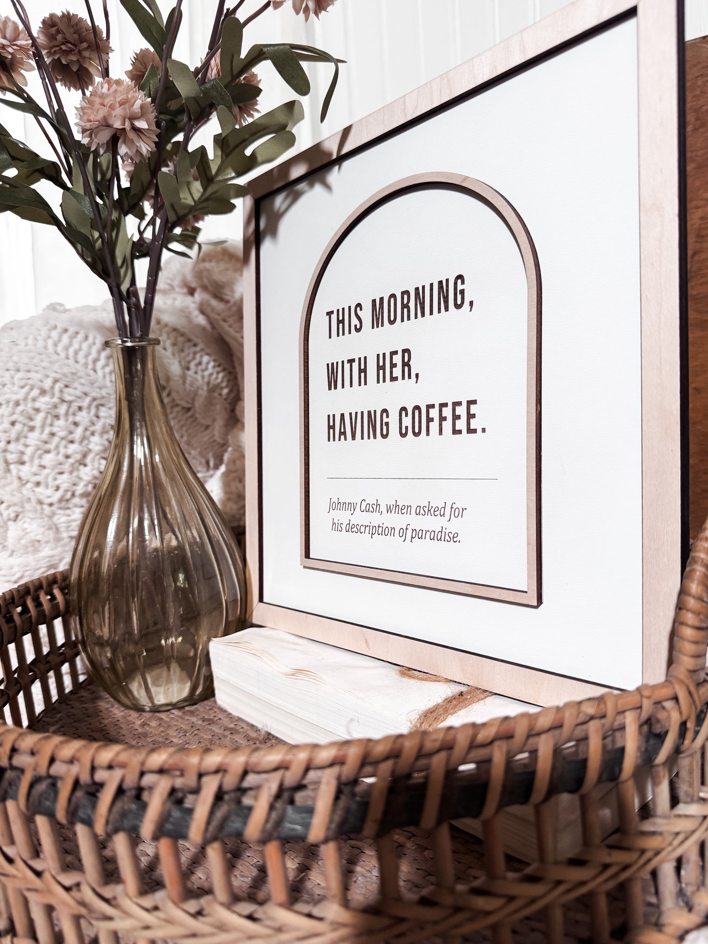 This Morning With Her Having Coffee Boho Sign | Laser Engraved | Boho Decor | Handmade | Boho Shelf Sign | Arched Signs