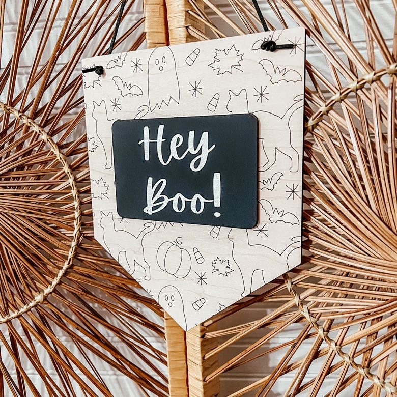 Boho Hey Boo! Banner Sign | Boho Halloween Decor | Wall Art Halloween Decor | Laser Engraved | Cute Halloween Decor