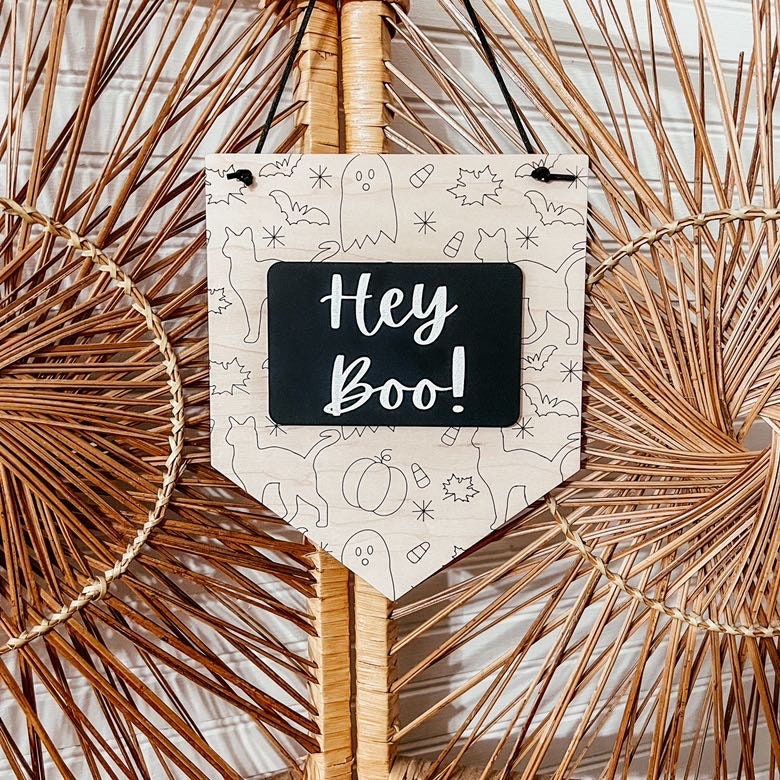 Boho Hey Boo! Banner Sign | Boho Halloween Decor | Wall Art Halloween Decor | Laser Engraved | Cute Halloween Decor