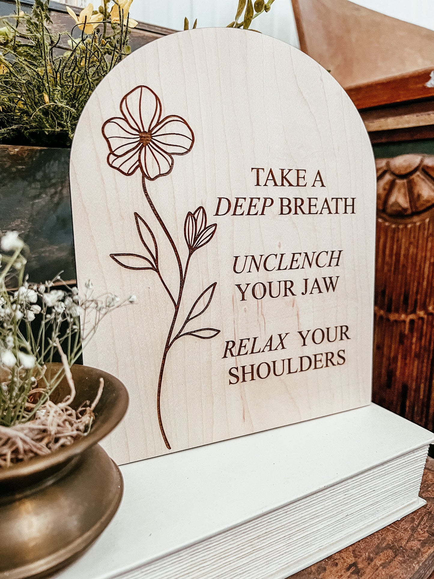 Take A Deep Breath Unclench Your Jaw Relax Your Shoulders | Therapy Office Decor | Positive Wall Art | Boho | Handmade | Boho Arched Signs