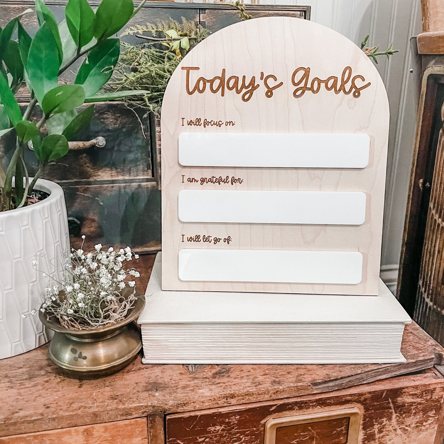 Today’s Goals Dry Erase Board | Office Decor | Dry Erase Board | Handmade | Boho Arch Sign | Self Care Affirmations