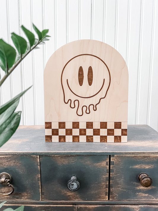 Drippy Smiley Face Sign | Checkered Nursery Decor | Boho | Handmade | Boho Shelf Sign | Arched Signs | Kids Decor | Skater Inspired Decor