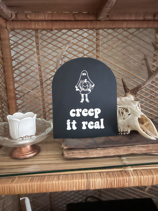 Creep it Real Arch Sign | Boho Halloween Decor | Skeleton Peace Sign | Shelf Halloween Decor | Laser Engraved