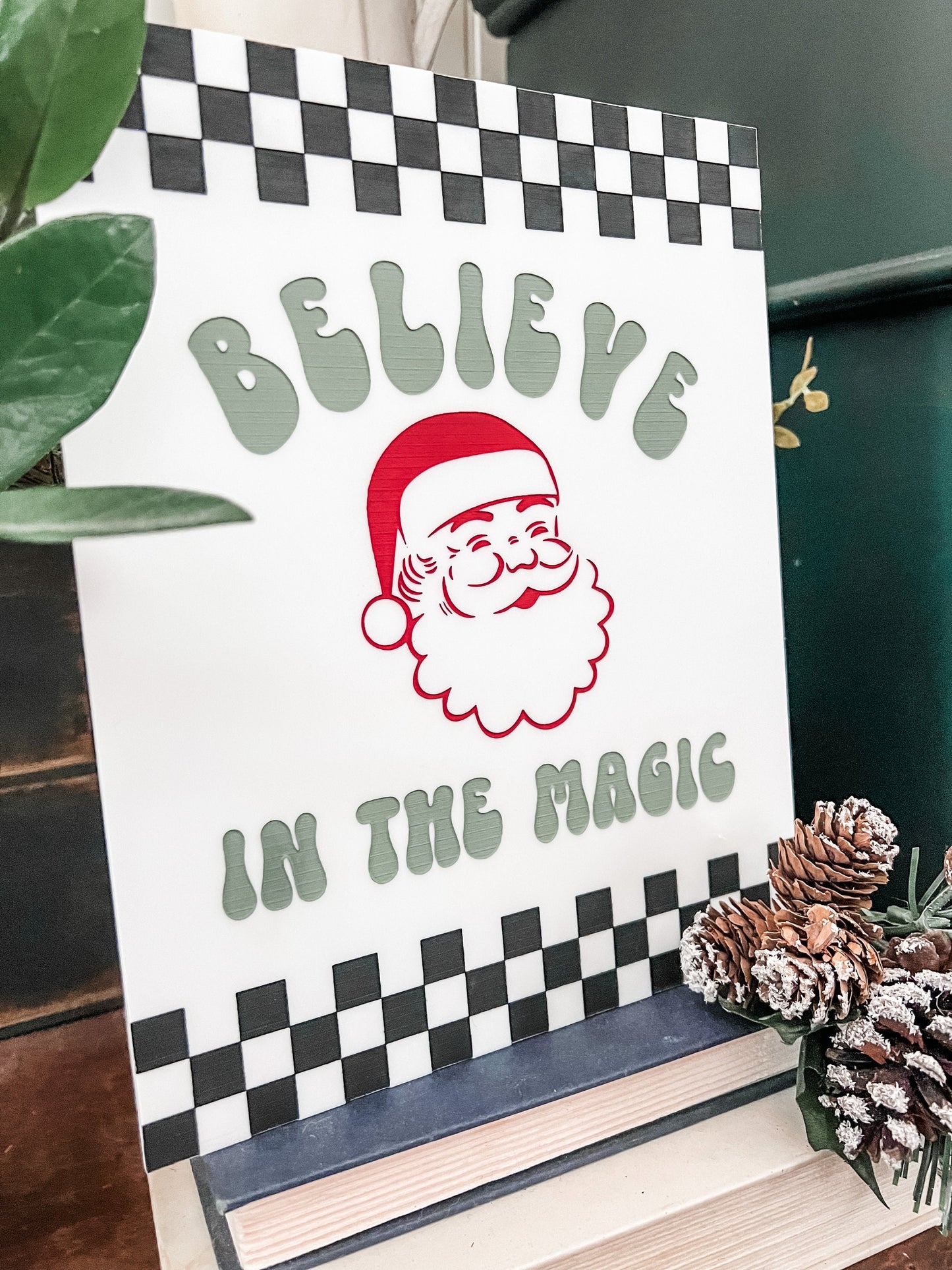 Believe in the Magic Checkered Santa Sign | Boho Christmas Sign | 3D Sign | Laser Engraved | Arch Sign | Retro Christmas Sign