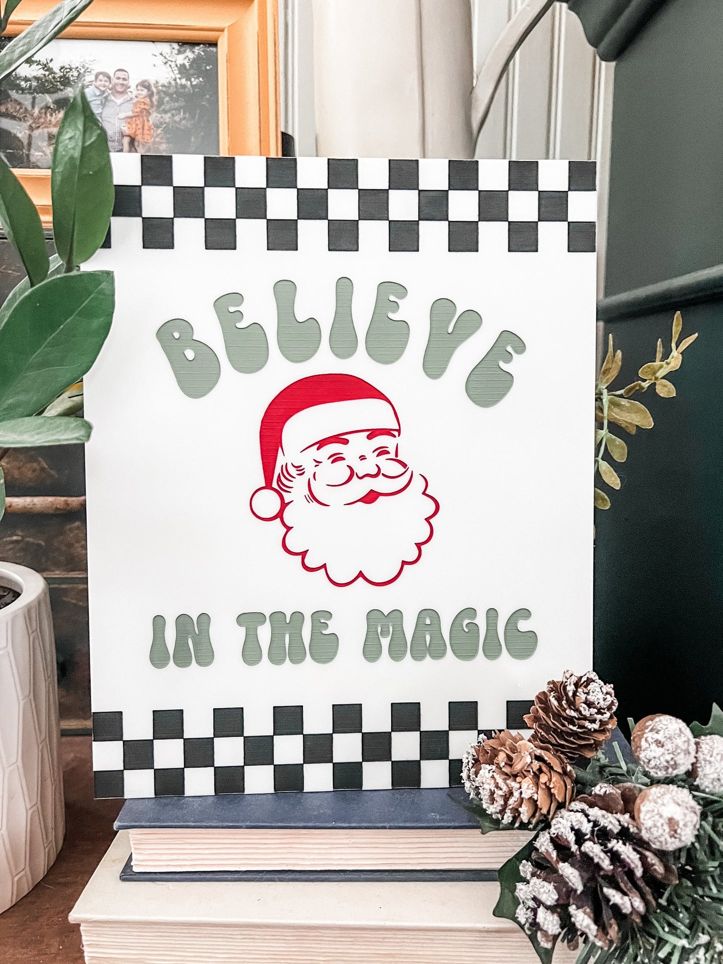 Believe in the Magic Checkered Santa Sign | Boho Christmas Sign | 3D Sign | Laser Engraved | Arch Sign | Retro Christmas Sign