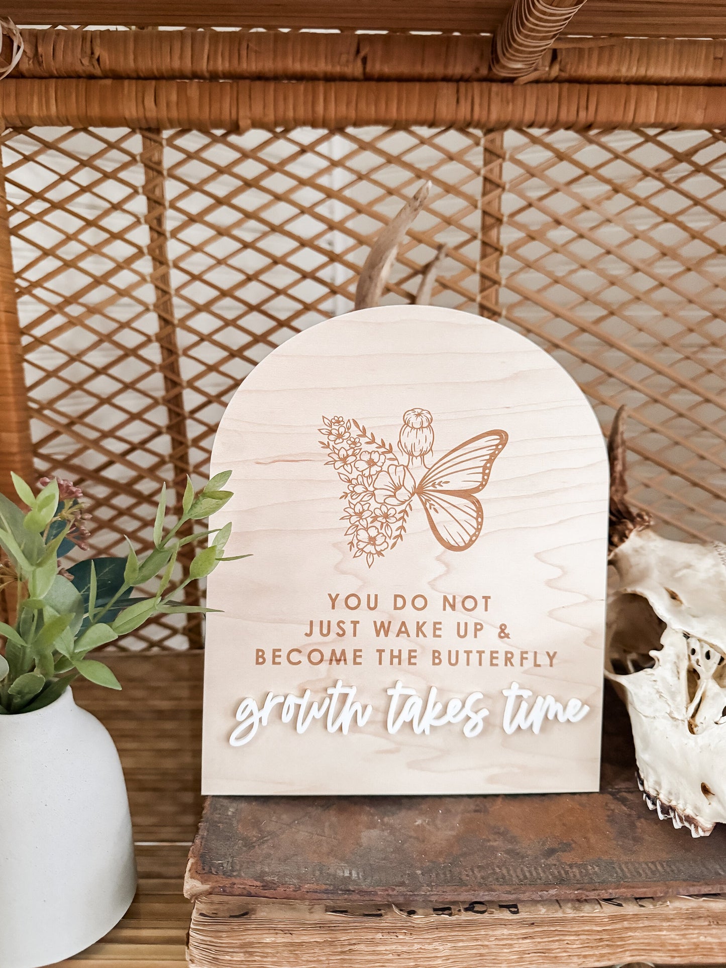 Growth Takes Time Butterfly Boho Sign | Positive Wall Art | Boho | Handmade | Boho Shelf Sign | Arched Signs