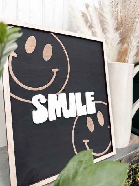 Retro Smiley Face Smile Framed Sign | Laser Engraved | Boho Decor | Handmade | Framed Signs | Office Decor
