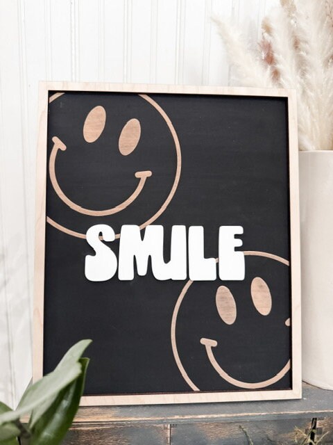 Retro Smiley Face Smile Framed Sign | Laser Engraved | Boho Decor | Handmade | Framed Signs | Office Decor