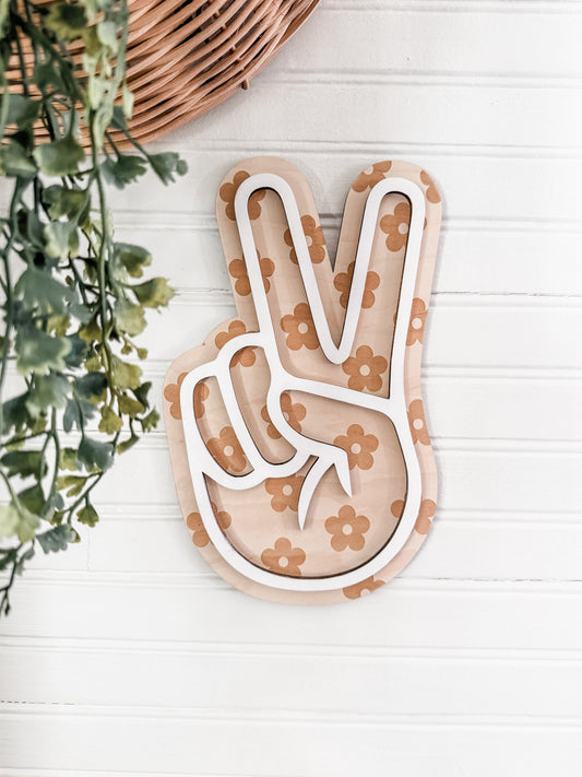 Daisy Hand Peace Sign | Engraved Wood Sign | Nursery Decor | Handmade | Retro Wood Cut Out | Laser Engraved