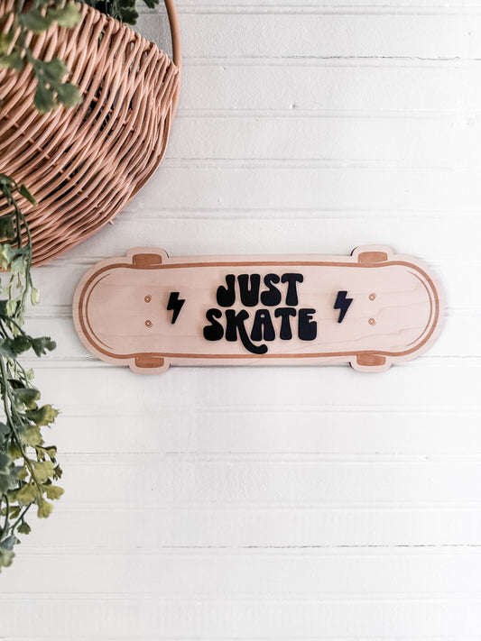 Just Skate Skateboard Wood Sign | Nursery Decor | Handmade | Skater Inspired Decor | Skateboard Wood Cut Out | Laser Engraved