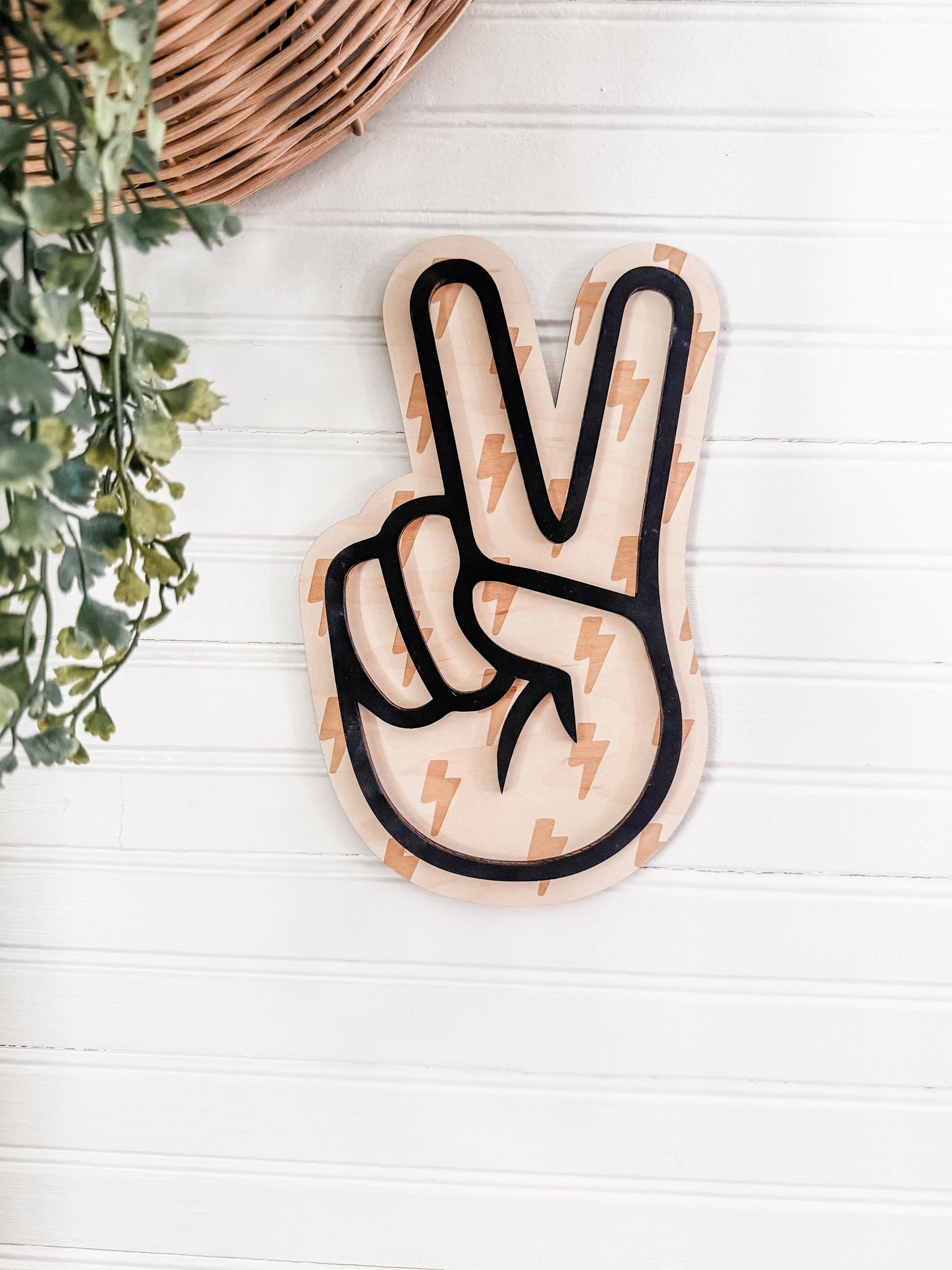 Lightening Bolt Hand Peace Sign | Engraved Wood Sign | Nursery Decor | Handmade | Retro Wood Cut Out | Laser Engraved